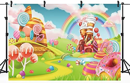 Riyidecor Candyland Lollipop Hátteret 7Wx5H Méter Édes Rajzfilm Szivárvány Gyerekek Kastély Szövet Poliészter Fagyit Fotózás