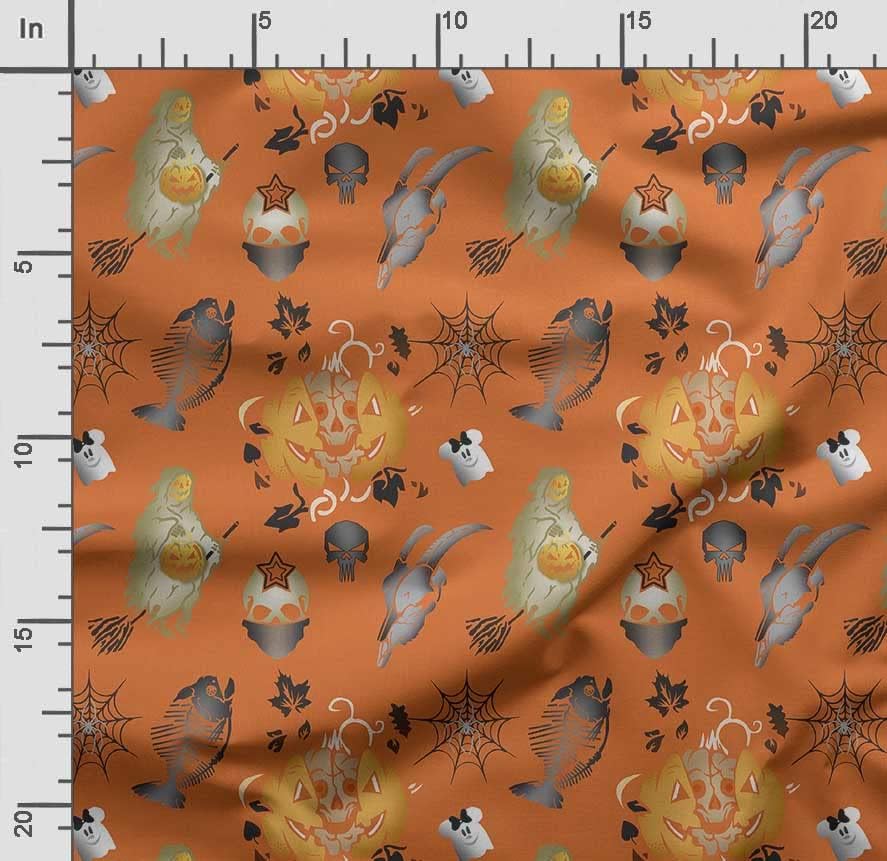 Soimoi Pamut Jersey Anyagból Denevér,Koponya & Boszorkány Halloween Nyomtatási Anyag A gyár által 58 cm Széles, Narancssárga