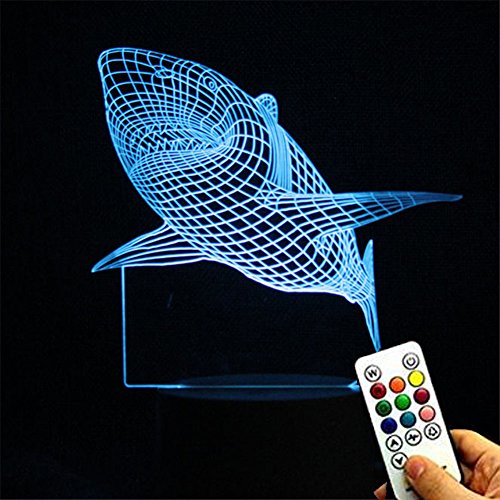 Deerbird® 3D-s Nagy Fehér Cápa Optikai Látás Illúzió Elegáns, Fehér alapon 7 színváltozás LED Távirányító LED-es Éjjeli Lámpa