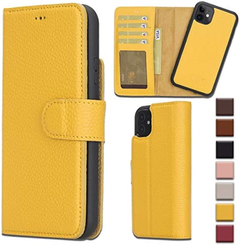 Bayelon Teljes Gabona Bőr Pénztárca tok iPhone 11 6.1 (Vízihulla, Sárga) - Levehető Mágneses Flip Cover-Kártya nyílás, Vízszintes